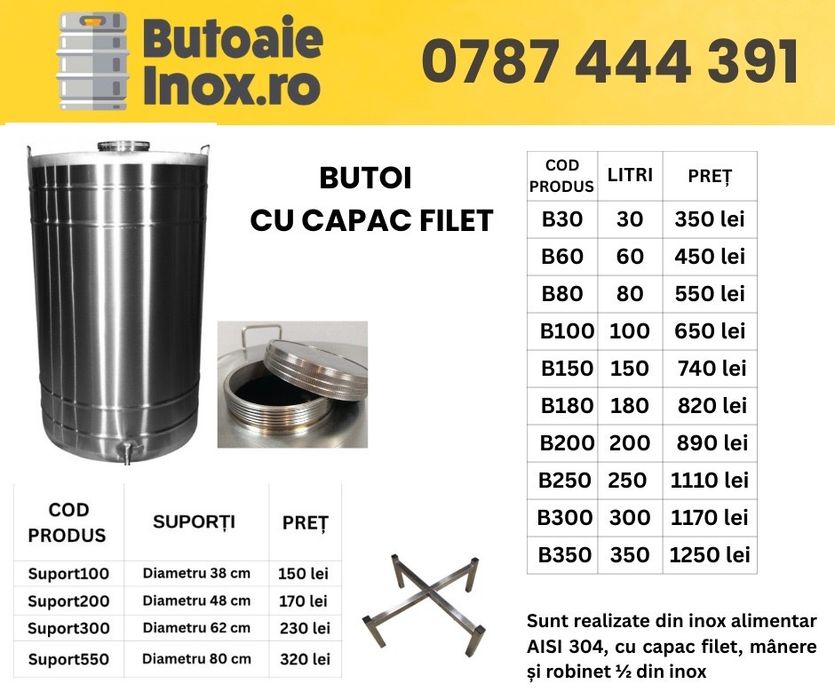 Livrare in toata Romania Butoaie inox butoaie noi si second 30 pana la 350 litri
