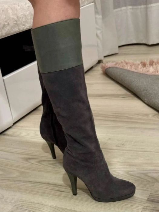 Cizme gri elegante cu toc din piele naturală mărimea 35