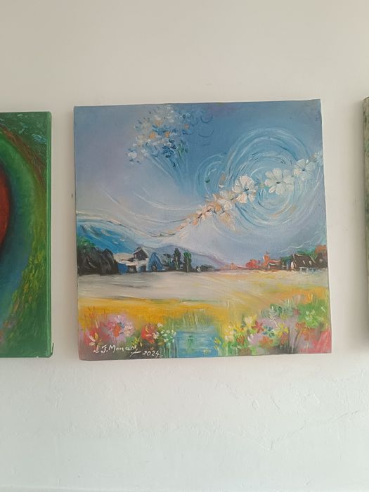 Vis de primăvară peste sat. Pictura in ulei pe panza cu dimensiunile 50x50 cm