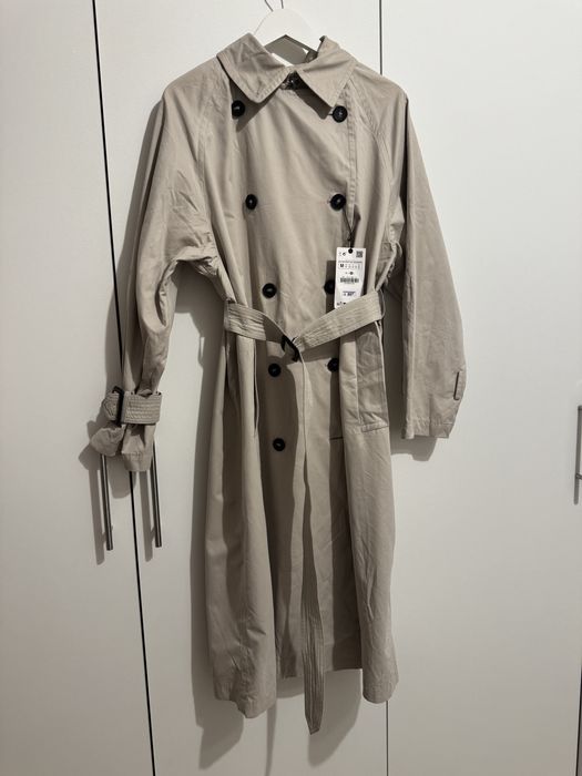 Trenci midi bej deschis cordon in talie double breasted Zara marimea M