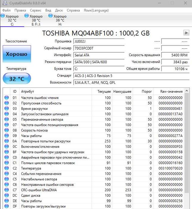 Продам HDD 2,5 Toshiba 1 Tb, Здоровье 100%