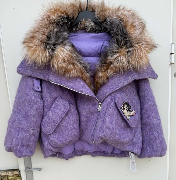 Djofra уникално дамско палто естествена косъм лисица и вълна Л размер