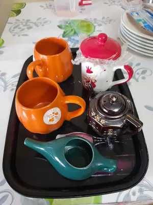 2 Cani ceramica oranj Cana sita si capac iarna  Stropitoare mica NOI si un Ceainic