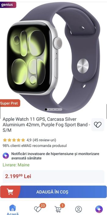 Apple Watch 11 GPS, Carcasa Silver Aluminium 42mm, Purple Fog Sport Band - S/M