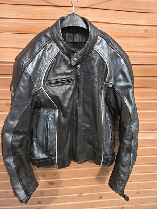Geaca moto piele Bikers, negru cu argintiu inchis,  56