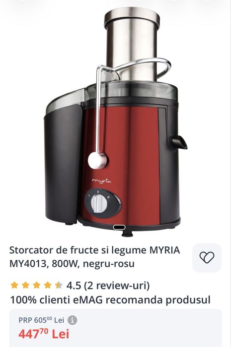 Storcator MYRIA 800W, tub mare 85mm, suc rapid fara taiere, curatare usoara, aproape nou