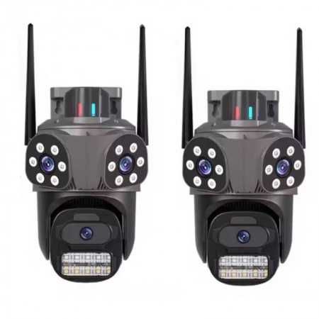 12MP Тройна външна въртяща WiFi AI камера с три обектива, ICSee, Черна