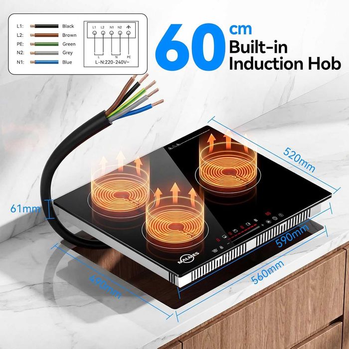 Индукционен котлон 60 см, 3 зони, 5500W, Booster, сензорно управление