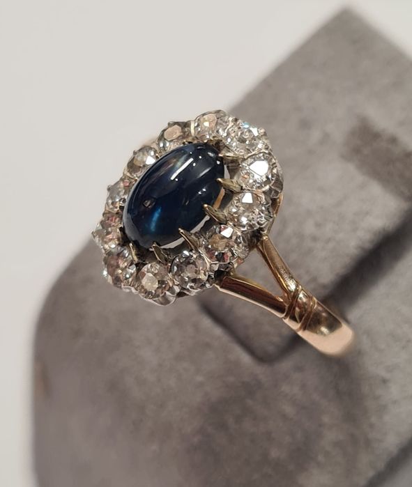 Inel din aur galben 14 si argint, cu safir si diamante naturale,