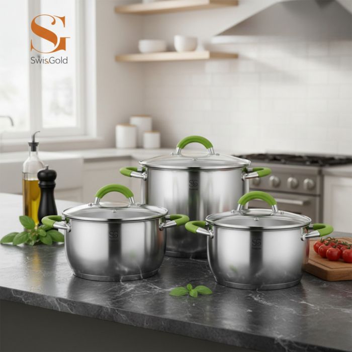 Комплект тенджери Swisgold – 3 броя, 5-слойно дъно - бързо и равномерн