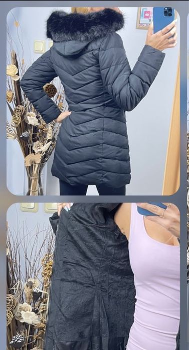 Дамско дълго яке черно с качулка и пух