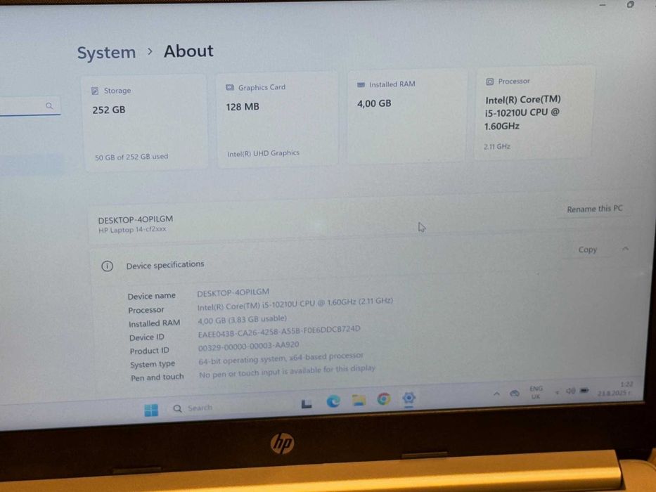 HP 14-cf2504sa i5-10210U/4RAM/256 NVMe/Intel UHD/Full HD