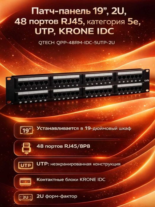 Патч-панель 19", 2U, 48 портов RJ45, категория 5e, UTP