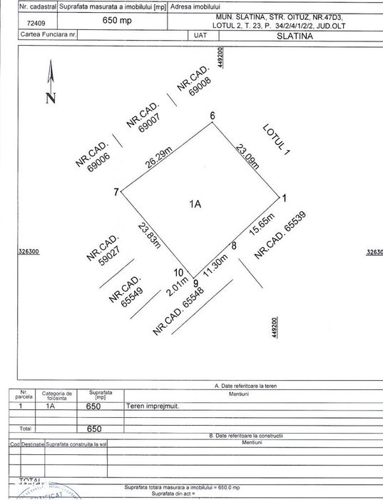 Teren intravilan 650mp cu deschidere 26,95 ml si toate utilitatile