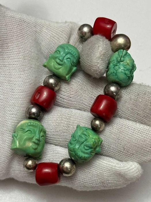 BRATARA ARGINT + CORAL + JAD - Budha sculptat - Elastica - Vintage !