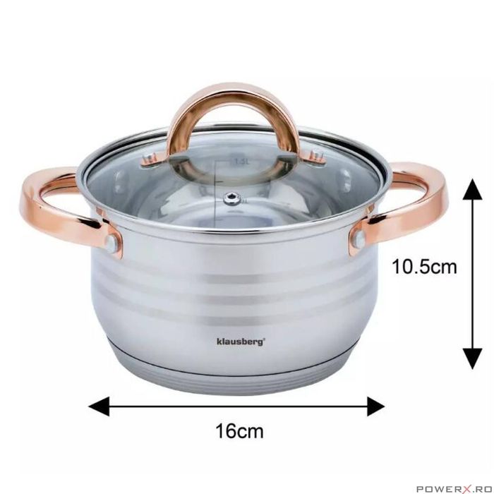 Set 12 piese inox, cu capac din sticla, 5 oale si o tigaie, gri, roze,