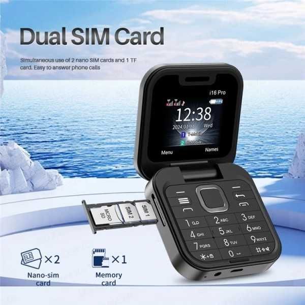 Сгъваем телефон с копчета i16 Pro Dual SIM 2G, камера,фенерче,FM радио