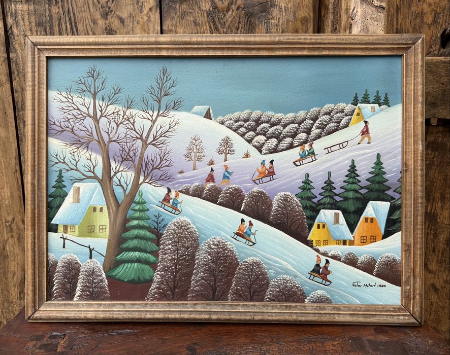 Pictura naiva “Peisaj de iarna” semnat Petru Mihut 1986