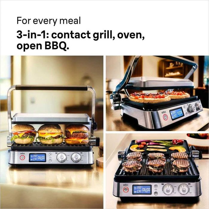 Braun MultiGrill 9 CG9047 PRO, 3-в-1 контактен грил, барбекю и фурна, голяма повърхност за грил (16 бургера), 2000 W, 250°, планча и грил