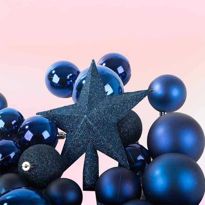 Комплект коледни топки и звезда за елха, синьо брокатено, 33 части