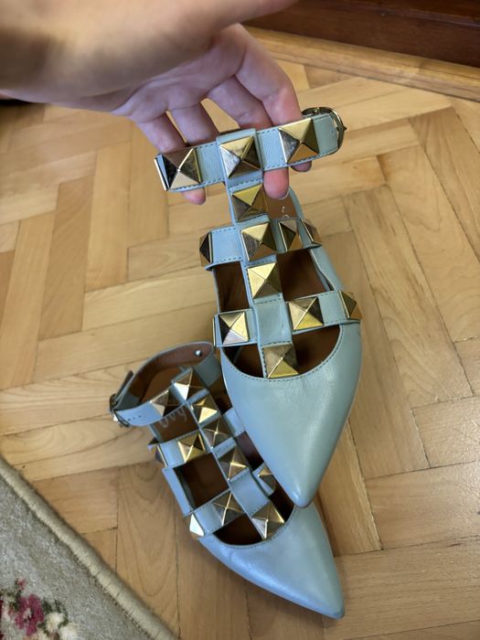 Balerini din piele naturala bleu cu tinte