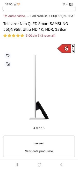 Televizor Smart Neo QLED Samsung 55QN95B, 138 cm, 4K Ultra HD