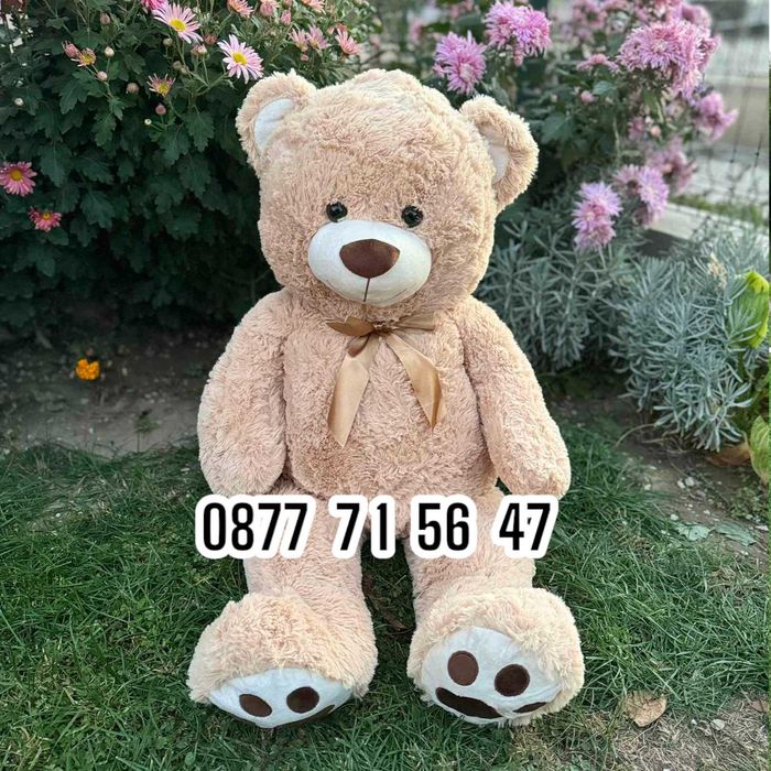 Плюшен мечок 100см с панделка ГОЛЯМ 1м кафяв бежов плюшено мече мечка
