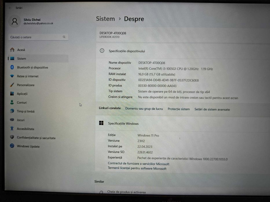 Laptop Fujitsu Lifebook A3510 15.6" FHD, procesor i3-1005G1