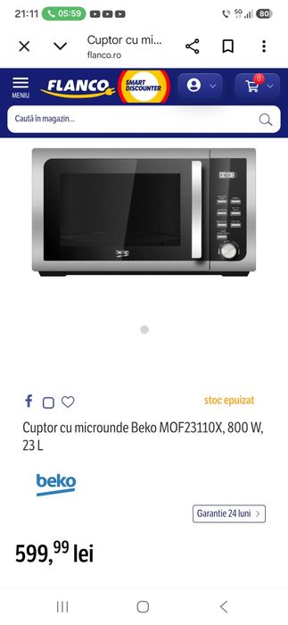 Cuptor cu microunde Beko MOF23110X, 23 L, 800 W, Electronic, Timer, Inox