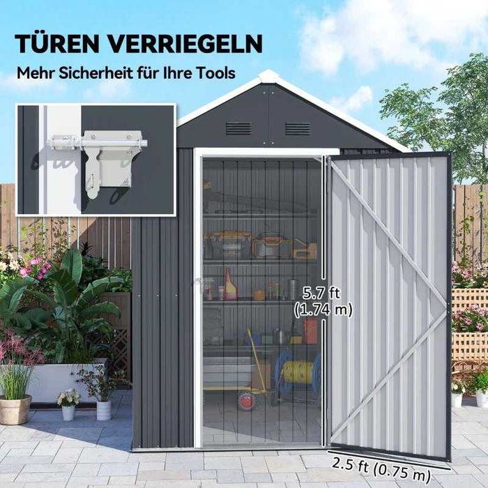 Градински навес Outsunny, метален навес за инструменти, двойна врата, прозорец, 259x172x222 см