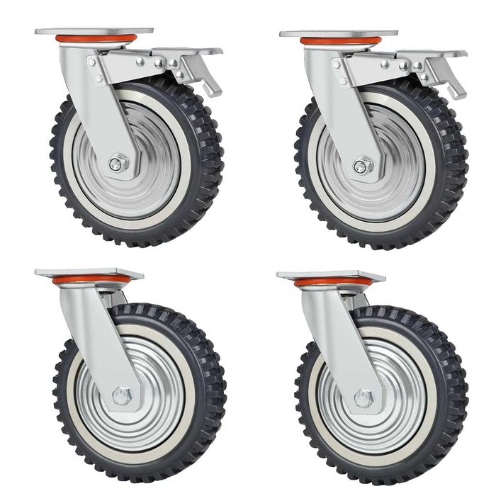 Set DBREAKS roti industriale heavy-duty, diametru 200 mm, 4 roti cu placa de montare, 2 roti pivotante cu frana + 2 roti fixe, rotire 360°