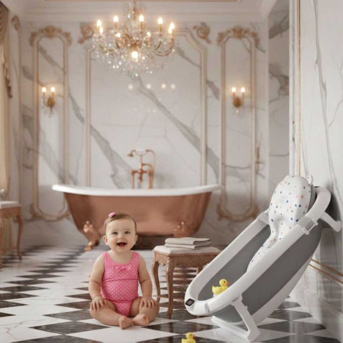 Сгъваема бебешка вана с термометър и възглавница.