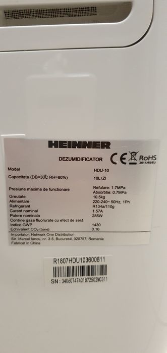 Vand Dezumidificator Heinner HDU-10, 10L/24H, Rezervor 3 litri