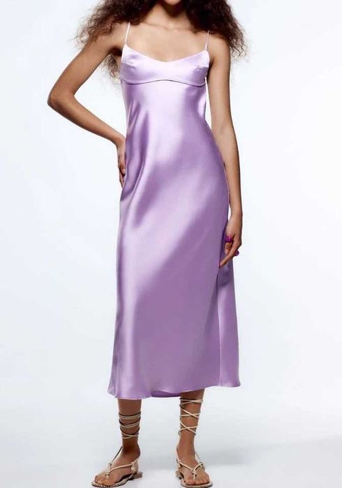 Rochie midi spate gol Zara liliac mov deschis pudra pastel satinată cu bretele
