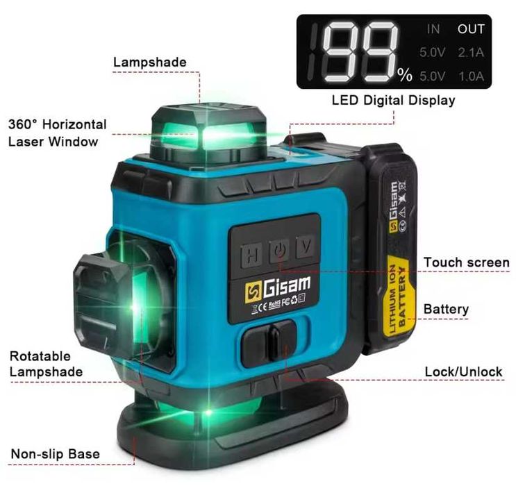 GISAM 360°4D Самонивелиращ се професионален лазерен нивелир със статив