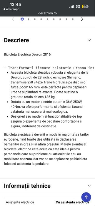 Bicicleta electrica Devron 28161-28 inch,490mm