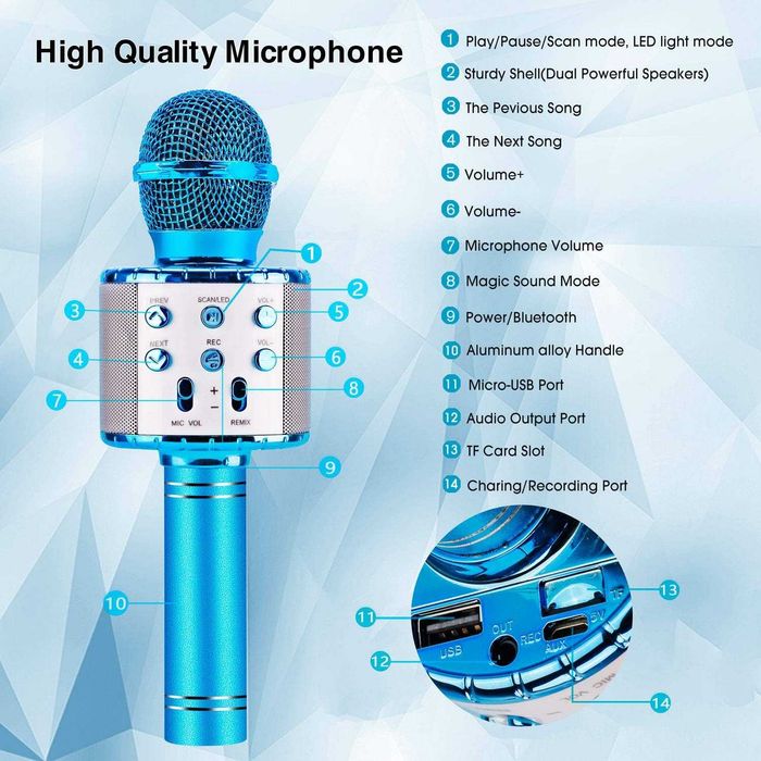 Безжичен караоке микрофон(Bluetooth)- вграден говорител и LED светлини