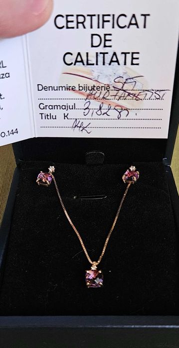 Lant din aur cu pandantiv si cercei 3,82 gr- set din aur si ametist