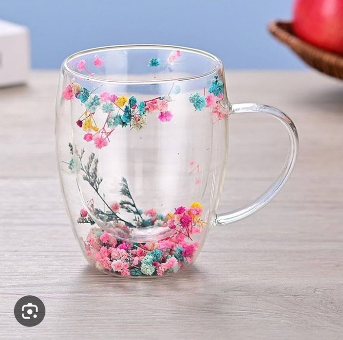 Кружка стеклянная, с двойными стенками и цветами, 250, 350 мл