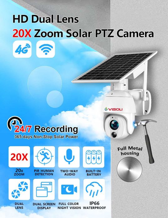 Camera de supraveghere Sim 4G Visoli® VS-S10 4G Zoom Optic 20X, 5MP