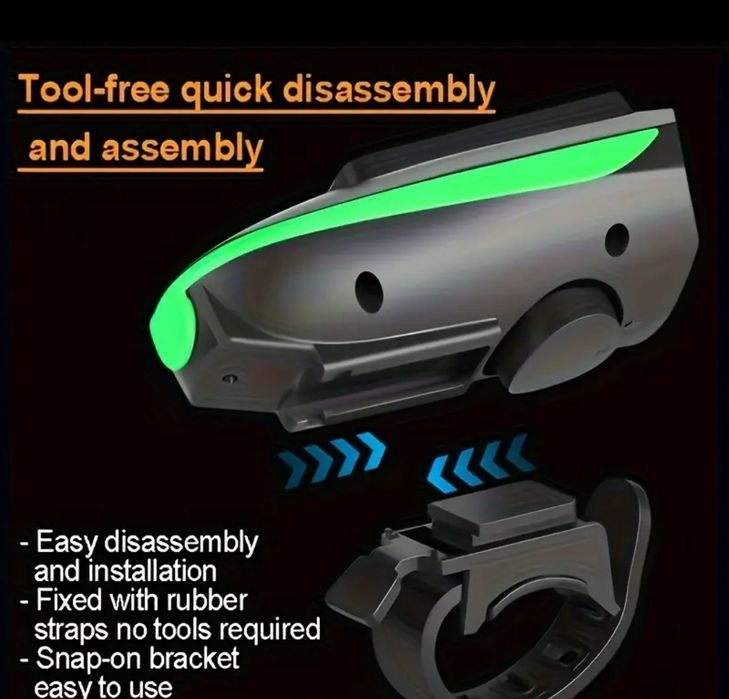 Комплект соларен LED фар с клаксон за велосипед колело  мощна светлина