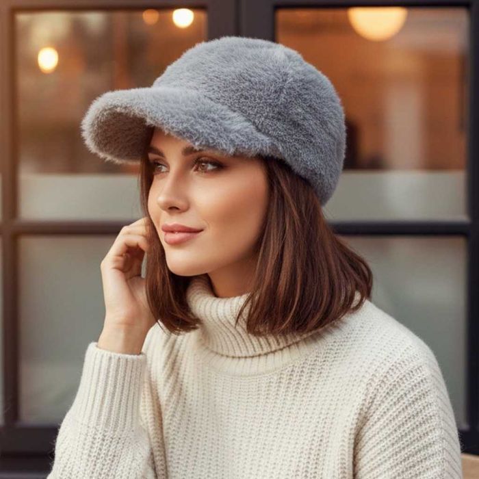 Топла дамска шапка с козирка - пухкав зимен комфорт