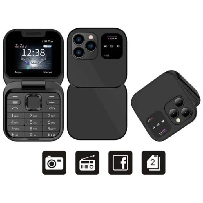 Сгъваем мобилен телефон i16 Pro – 2 SIM, камера, фенерче, FM радио