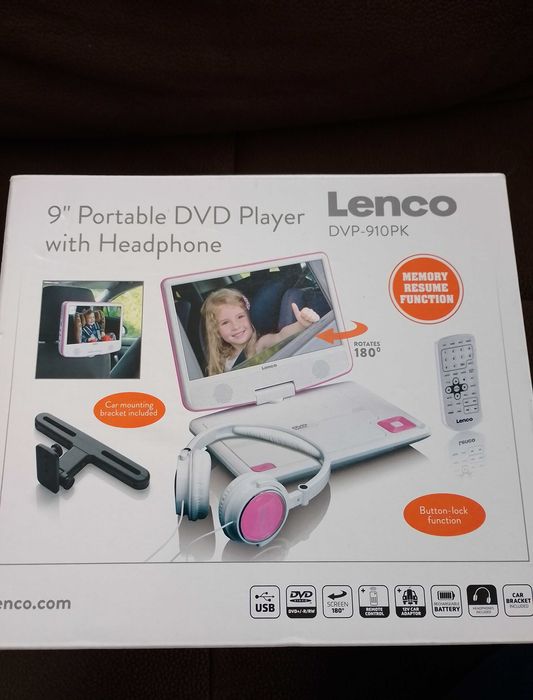 Player DVD copii portabil 9" Lenco DVP-910PK USB baterie priza 12V Nou