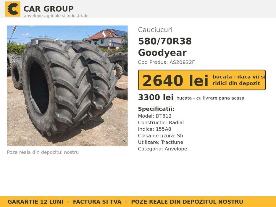 Cauciucuri Anvelope 580/70R38 580/70 R38 20.8R38 20.8-38 5807038 Goodyear Tractor Punte Spate Tractiune SH Second Hand LIVRARE Garantie 1 An Stoc Real