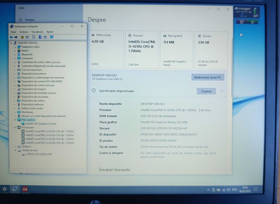 HP Elitebook, Core I5, 4GB RAM, SSD 240GB, HD 4400, baterie 3 ore