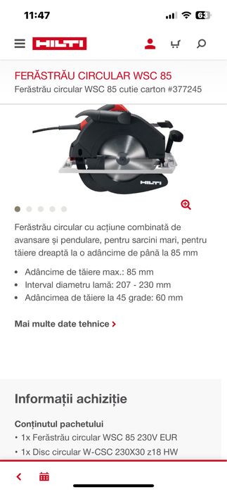 Circular Hilti WSC 85 si fierastrau SR 4-A22 -NOi
