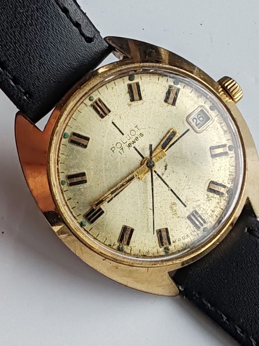 Ceas Poljot Calendar Mecanic Placat cu aur 36 mm Funcționează excelent