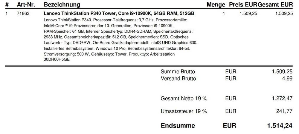Workstation Lenovo Thinkstation P340 i9-10900K, 64GB RAM