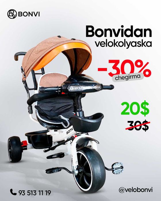 BONVI velo-kolyaska 1–4 yosh | –30% chegirma | Yangi